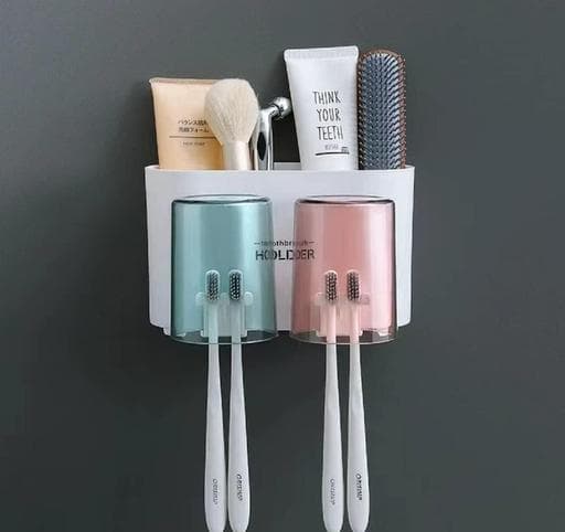 TRYKSHA Wall Mounted Toothbrush Holder | Bathroom Toothbrush Organizer with Mouthwash Cups | Multi-Compartment, Dustproof & BPA-Free Brush Holder for Bathroom Storage -2 Cup